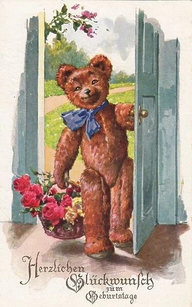 Teddy bear on a German birthday postcard