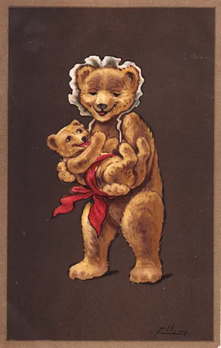 Framed Print : Teddy bear mother and child on a postcard Framed Print : Teddy bear mother and child on a postcard