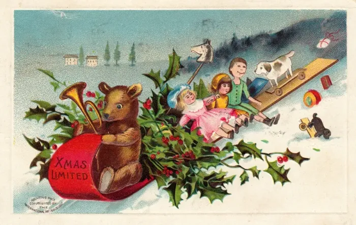 Framed Print : Teddy bear and toys on a Christmas postcard Framed Print : Teddy bear and toys on a Christmas postcard