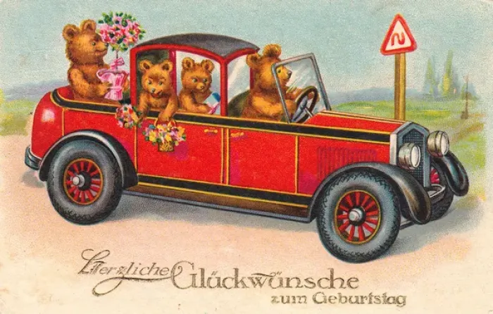 Framed Print : Teddy bears on a German birthday postcard Framed Print : Teddy bears on a German birthday postcard