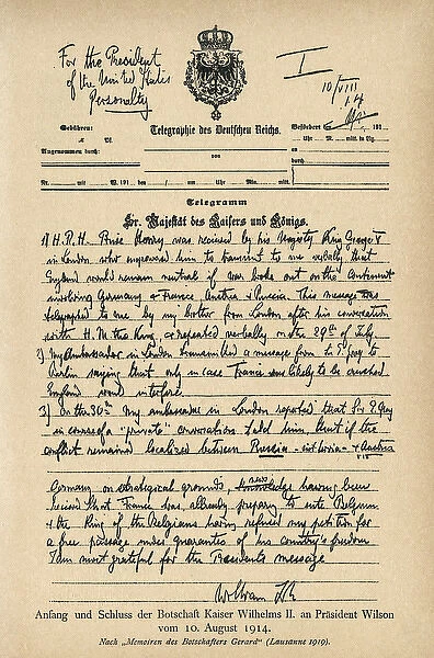 Telegram sent by Kaiser Wilhelm II to President Wilson