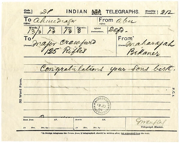Telegraph from Maharaja Bikaner to Major Crawford