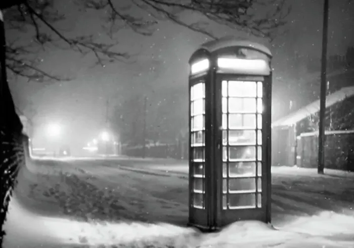 Framed Print : A telephone box in Winter in the 1940s Framed Print : A telephone box in Winter in the 1940s