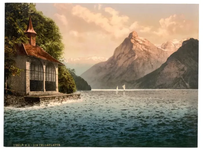 Framed Print : Tells Chapel, evening view, Lake Lucerne, Switzerland Framed Print : Tells Chapel, evening view, Lake Lucerne, Switzerland