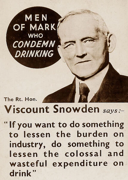 Temperance message Viscount Snowden early 1900s