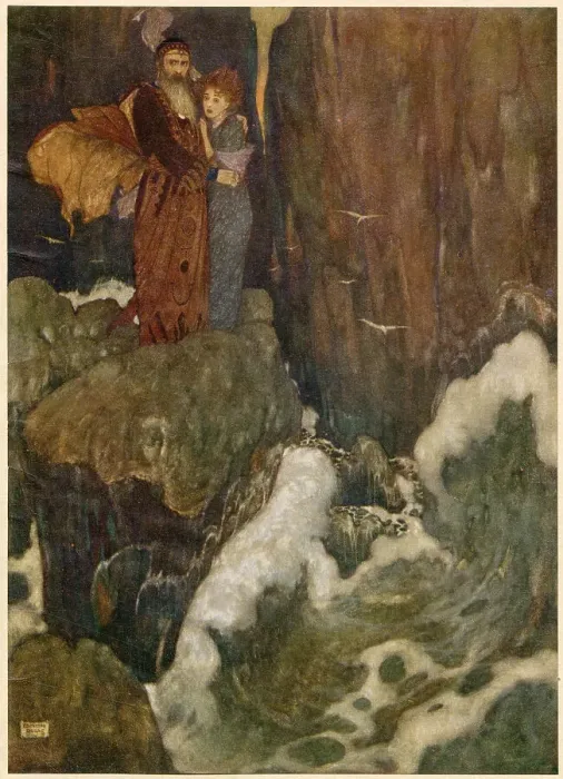 Framed Print : The Tempest by William Shakespeare. Act I, scene II. Miranda: O, the cry did knock against my very heart. Illustration by Edmund Dulac. Date: 1908 Framed Print : The Tempest by William Shakespeare. Act I, scene II. Miranda: O, the cry did knock against my very heart. Illustration by Edmund Dulac. Date: 1908