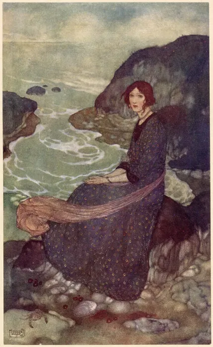 Framed Print : The Tempest by William Shakespeare. Act I, scene II. Prospero: What seest thou else in the dark backward and abysm of time? Miranda on the island. Illustration by Edmund Dulac. Date: 1908 Framed Print : The Tempest by William Shakespeare. Act I, scene II. Prospero: What seest thou else in the dark backward and abysm of time? Miranda on the island. Illustration by Edmund Dulac. Date: 1908