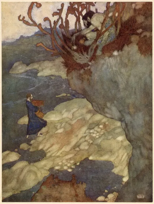Framed Print : The Tempest by William Shakespeare. Act I, scene II. Prospero: Here in this island we arrived. Illustration by Edmund Dulac. Date: 1908 Framed Print : The Tempest by William Shakespeare. Act I, scene II. Prospero: Here in this island we arrived. Illustration by Edmund Dulac. Date: 1908