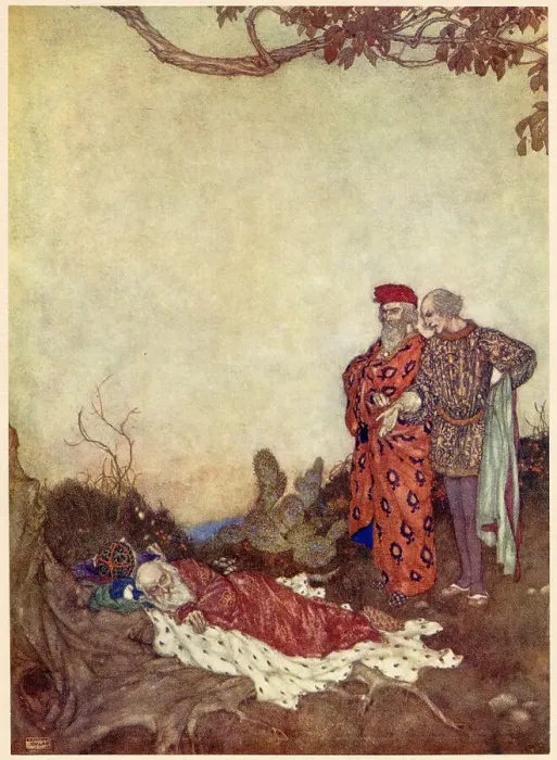 Framed Print : The Tempest by William Shakespeare. Act II, scene I. Antonio: Here lies your brother, no better than the earth he lies upon. Illustration by Edmund Dulac. Date: 1908 Framed Print : The Tempest by William Shakespeare. Act II, scene I. Antonio: Here lies your brother, no better than the earth he lies upon. Illustration by Edmund Dulac. Date: 1908