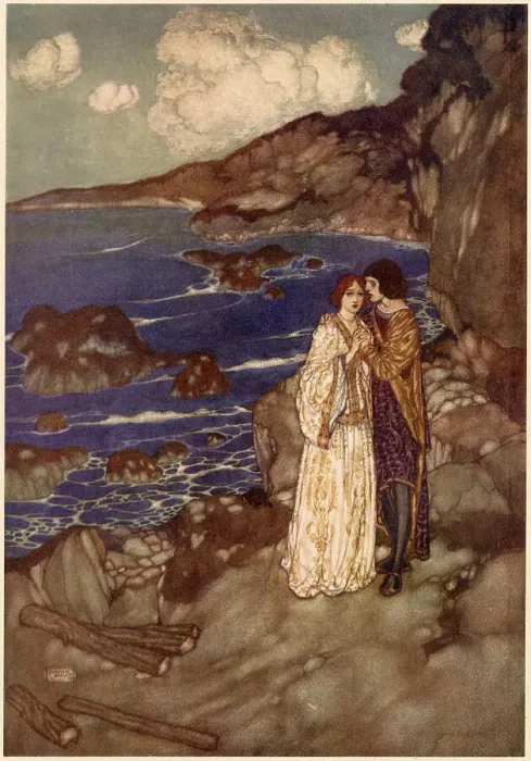 Framed Print : The Tempest by William Shakespeare. Act III, Scene I. Ferdinand: Here's my hand. Miranda: And mine, with my heart in't. Illustration by Edmund Dulac. Date: 1908 Framed Print : The Tempest by William Shakespeare. Act III, Scene I. Ferdinand: Here's my hand. Miranda: And mine, with my heart in't. Illustration by Edmund Dulac. Date: 1908