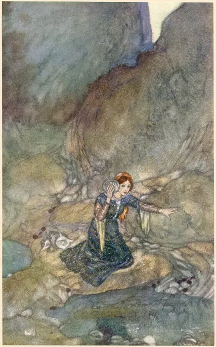 Framed Print : The Tempest by William Shakespeare. Act III, scene I. Miranda: No woman's face remember save mine own. Illustration by Edmund Dulac. Date: 1908 Framed Print : The Tempest by William Shakespeare. Act III, scene I. Miranda: No woman's face remember save mine own. Illustration by Edmund Dulac. Date: 1908
