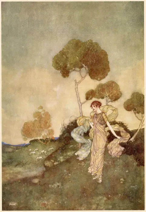 Framed Print : The Tempest by William Shakespeare. Act IV, scene I. Iris: Thy turfy mountains, where live nibbling sheep. Illustration by Edmund Dulac. Date: 1908 Framed Print : The Tempest by William Shakespeare. Act IV, scene I. Iris: Thy turfy mountains, where live nibbling sheep. Illustration by Edmund Dulac. Date: 1908