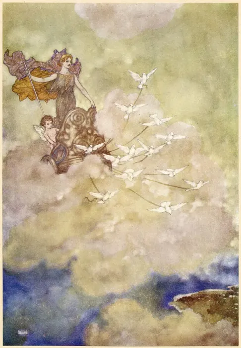 Framed Print : The Tempest by William Shakespeare. Act IV, scene I. Iris: I met her deity cutting the clouds towards Paphos. The goddess Venus in her dove-drawn chariot with her son Cupid. Illustration by Edmund Dulac. Date: 1908 Framed Print : The Tempest by William Shakespeare. Act IV, scene I. Iris: I met her deity cutting the clouds towards Paphos. The goddess Venus in her dove-drawn chariot with her son Cupid. Illustration by Edmund Dulac. Date: 1908