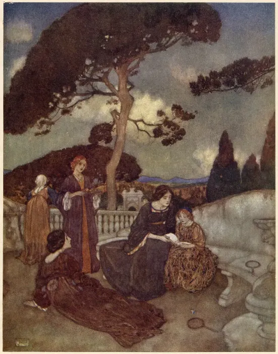 Framed Print : The Tempest by William Shakespeare. Act IV, scene I. Juno: Go with me to bless this twain, that they may prosperous be and honour'd in their issue. Illustration by Edmund Dulac. Date: 1908 Framed Print : The Tempest by William Shakespeare. Act IV, scene I. Juno: Go with me to bless this twain, that they may prosperous be and honour'd in their issue. Illustration by Edmund Dulac. Date: 1908