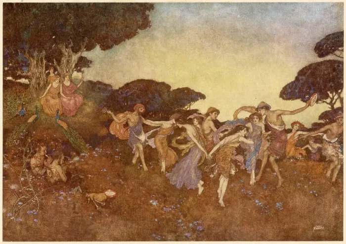 Framed Print : The Tempest by William Shakespeare. Act IV, scene I. Enter certain Reapers, properly habited: they join with the Nymphs in a graceful dance. Illustration by Edmund Dulac. Date: 1908 Framed Print : The Tempest by William Shakespeare. Act IV, scene I. Enter certain Reapers, properly habited: they join with the Nymphs in a graceful dance. Illustration by Edmund Dulac. Date: 1908