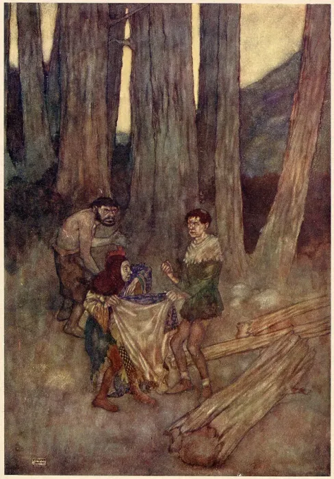 Framed Print : The Tempest by William Shakespeare. Act IV, scene I. Stephano: Put off that gown, Trinculo; by this hand I'll have that gown. Illustration by Edmund Dulac. Date: 1908 Framed Print : The Tempest by William Shakespeare. Act IV, scene I. Stephano: Put off that gown, Trinculo; by this hand I'll have that gown. Illustration by Edmund Dulac. Date: 1908