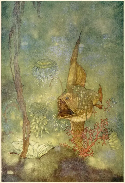 Framed Print : The Tempest by William Shakespeare. Act V, scene I. Prospero: And deeper than did ever plummet sound I'll drown my book. Illustration by Edmund Dulac. Date: 1908 Framed Print : The Tempest by William Shakespeare. Act V, scene I. Prospero: And deeper than did ever plummet sound I'll drown my book. Illustration by Edmund Dulac. Date: 1908