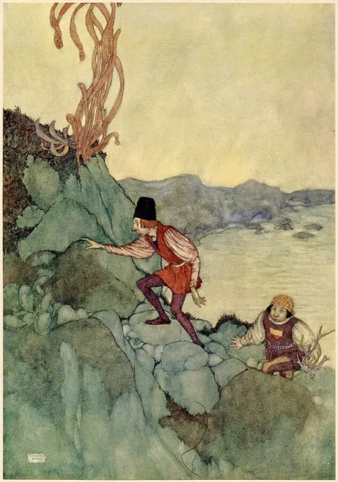 Framed Print : The Tempest by William Shakespeare. Act V, scene I. Boatswain: And were brought moping hither. Illustration by Edmund Dulac. Date: 1908 Framed Print : The Tempest by William Shakespeare. Act V, scene I. Boatswain: And were brought moping hither. Illustration by Edmund Dulac. Date: 1908