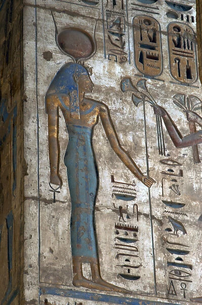 Temple of Ramses III. Egyptian deity. Relief. Egypt
