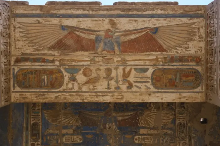 Framed Print : Temple of Ramses III. Reliefs winged beetles with wings outs Framed Print : Temple of Ramses III. Reliefs winged beetles with wings outs