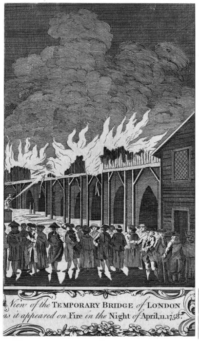Framed Print : The Temporary London Bridge on fire Framed Print : The Temporary London Bridge on fire