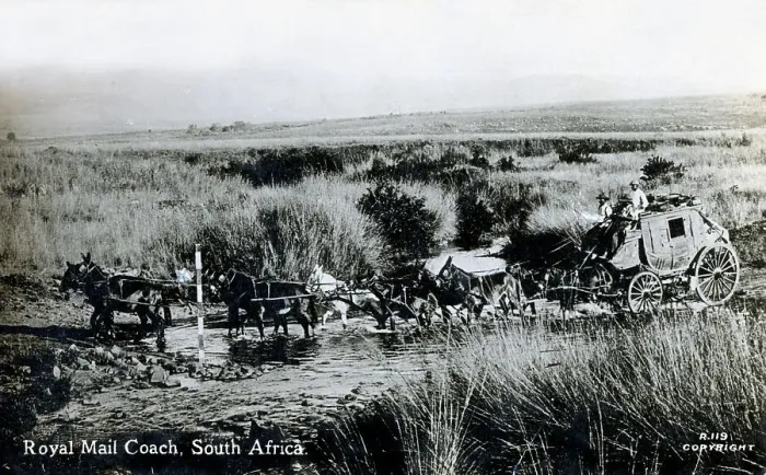 Framed Print : Ten-horse Royal Mail Coach fording a stream - South Africa Framed Print : Ten-horse Royal Mail Coach fording a stream - South Africa