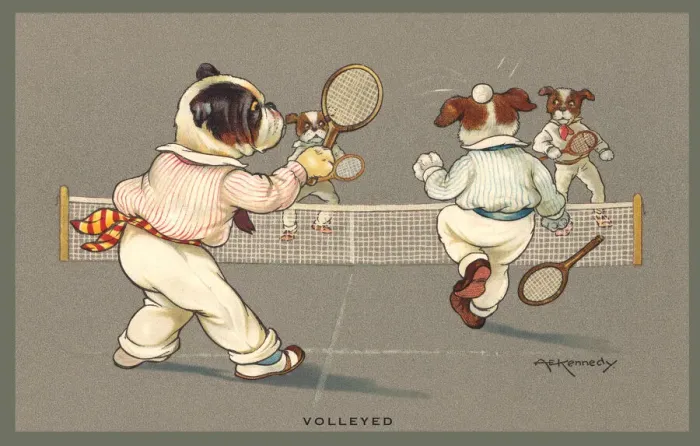 Framed Print : Tennis. Dogs playing tennis. Artist: A E Kennedy Date: 1912 Framed Print : Tennis. Dogs playing tennis. Artist: A E Kennedy Date: 1912