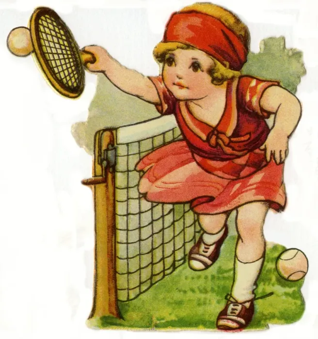 Framed Print : Tennis. Artist: Ada Leonora Bowley. Girl in red volleys over the net Date: circa 1920 Framed Print : Tennis. Artist: Ada Leonora Bowley. Girl in red volleys over the net Date: circa 1920