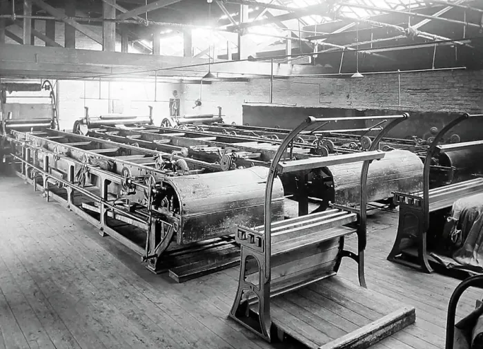 Framed Print : Tentering cloth in a woollen mill in Bradford Framed Print : Tentering cloth in a woollen mill in Bradford
