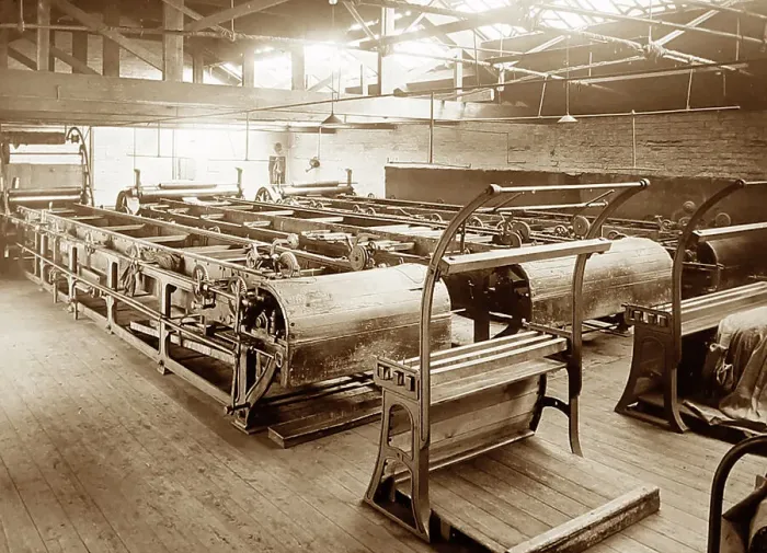 Framed Print : Tentering cloth in a woollen mill in Bradford Framed Print : Tentering cloth in a woollen mill in Bradford