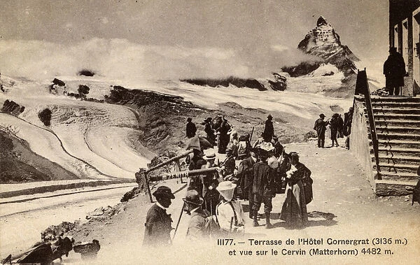 Terrace of the Gornergrat Hotel with view of Matterhorn