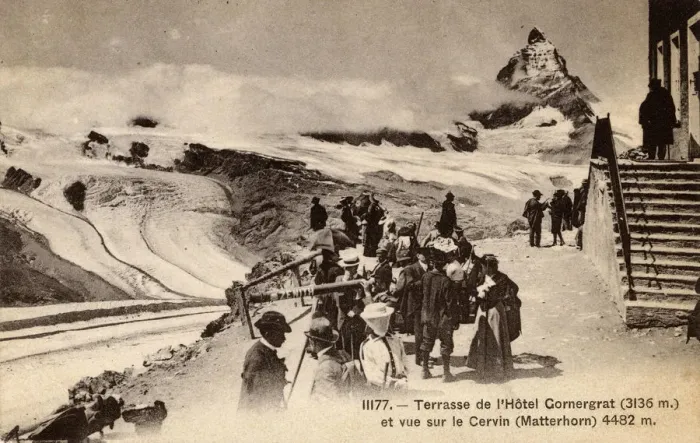 Framed Print : Terrace of the Gornergrat Hotel with view of Matterhorn Framed Print : Terrace of the Gornergrat Hotel with view of Matterhorn