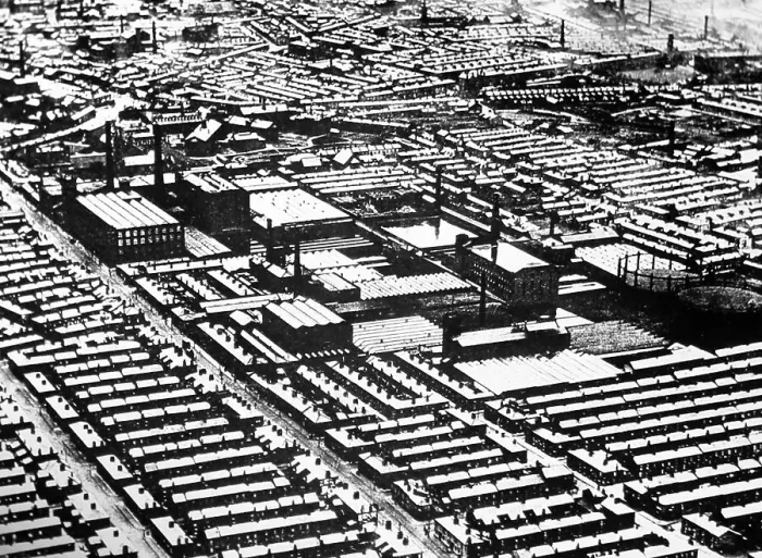 Framed Print : Terrace houses around a Victorian factory, Victorian period Framed Print : Terrace houses around a Victorian factory, Victorian period