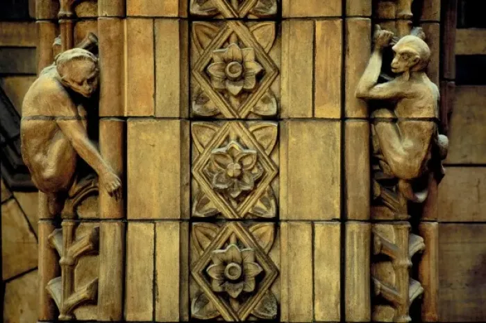 Framed Print : Detail of terracotta moulding of monkeys in the Waterhouse B Framed Print : Detail of terracotta moulding of monkeys in the Waterhouse B