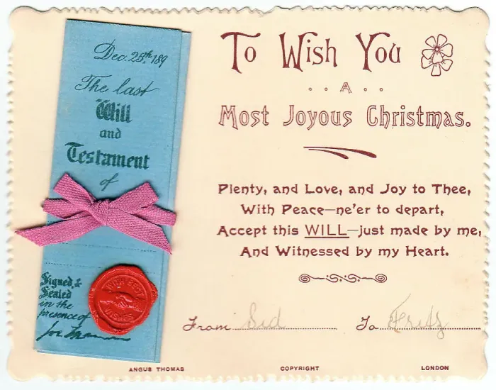 Framed Print : Last Will and Testament with verse on a Christmas card Framed Print : Last Will and Testament with verse on a Christmas card