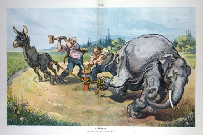 Framed Print : Tethered. Illustration shows William Jennings Bryan and William H Framed Print : Tethered. Illustration shows William Jennings Bryan and William H