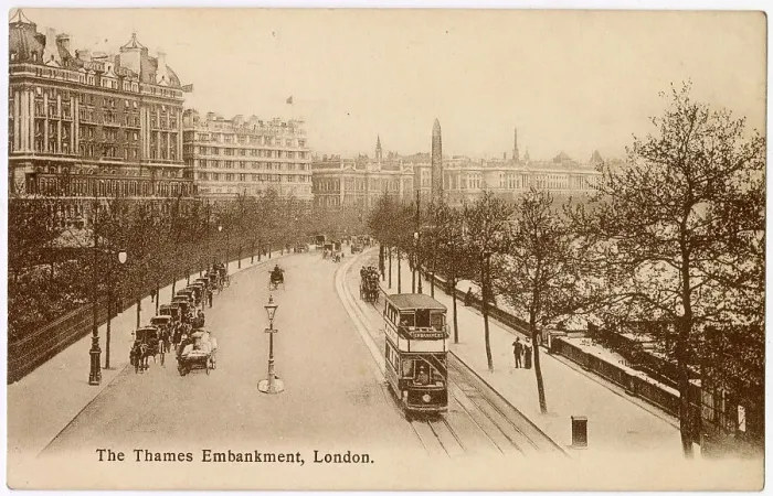 Framed Print : The Thames Embankment just before World War One ; an electric tram passes a line of waiting cabs near Cleopatra's Needle Date: 1911 Framed Print : The Thames Embankment just before World War One ; an electric tram passes a line of waiting cabs near Cleopatra's Needle Date: 1911