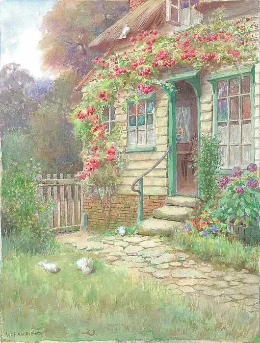 Framed Print : Thatched cottage with garden Garden Flowers Watercolour Framed Print : Thatched cottage with garden Garden Flowers Watercolour