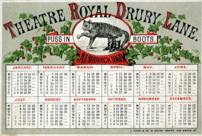 Framed Print : Theatre Royal, Drury Lane, London, Almanack 1869 - Puss in Boots Framed Print : Theatre Royal, Drury Lane, London, Almanack 1869 - Puss in Boots