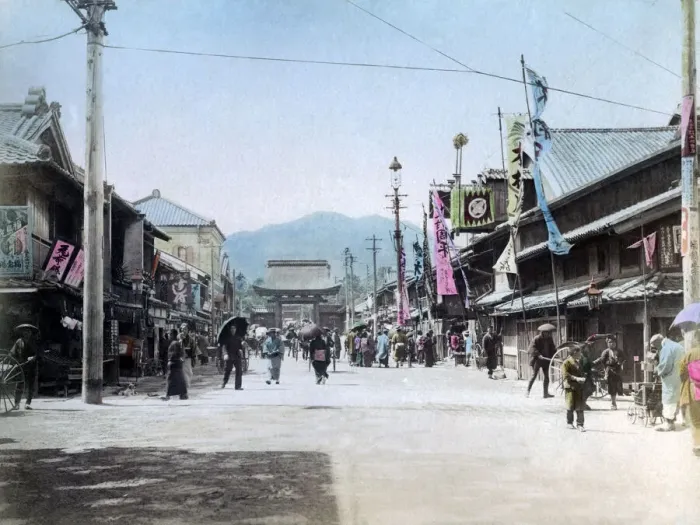 Framed Print : Theatre Stree, Kobe, Japan, circa 1890. Date: circa 1890 Framed Print : Theatre Stree, Kobe, Japan, circa 1890. Date: circa 1890