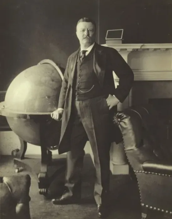 Framed Print : Theodore Roosevelt, full-length portrait, standing beside la Framed Print : Theodore Roosevelt, full-length portrait, standing beside la