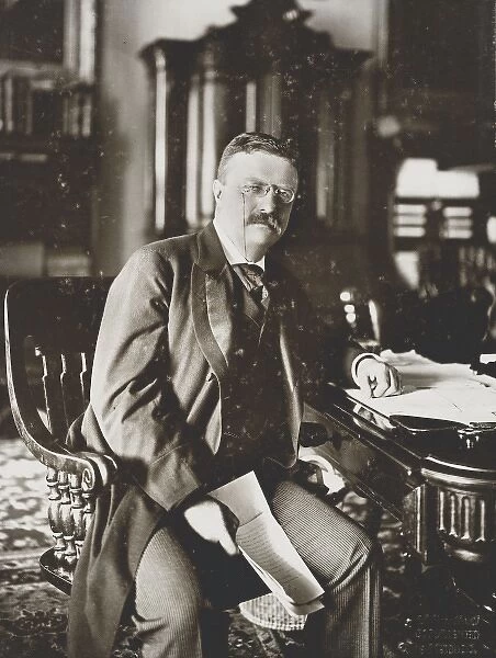 Theodore Roosevelt seated at desk, facing front
