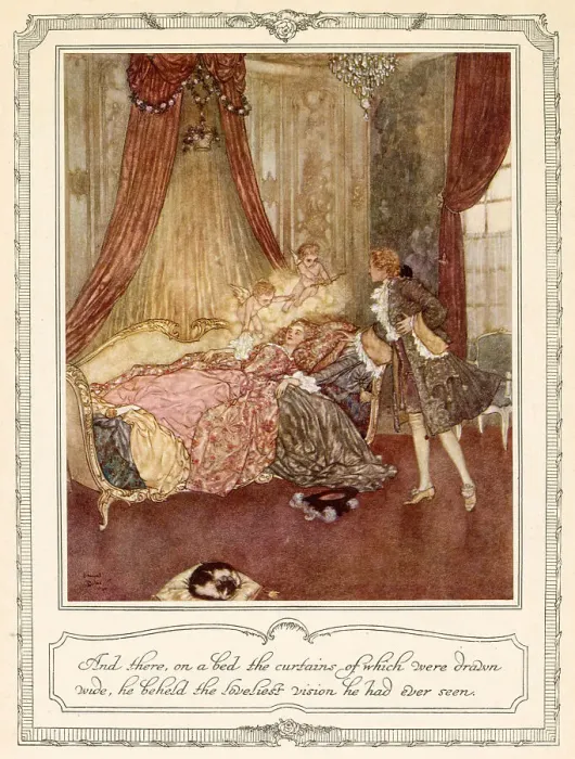 Framed Print : And there, on a bed the curtain of which were drawn wide, he beheld the loveliest vision he had ever seen. The Prince finds Sleeping Beauty slumbering. Date: 1911 Framed Print : And there, on a bed the curtain of which were drawn wide, he beheld the loveliest vision he had ever seen. The Prince finds Sleeping Beauty slumbering. Date: 1911