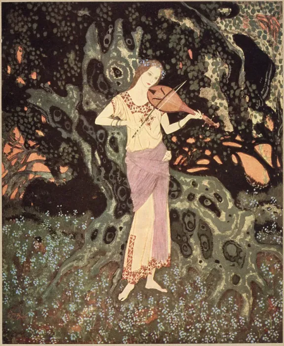 Framed Print : And there, leaning against a moss-grown crumbling tree, was a spirit-like being out of another world. Illustration by Edmund Dulac to The Dreamer of Dreams by Queen Marie of Roumania. Date: 1915 Framed Print : And there, leaning against a moss-grown crumbling tree, was a spirit-like being out of another world. Illustration by Edmund Dulac to The Dreamer of Dreams by Queen Marie of Roumania. Date: 1915