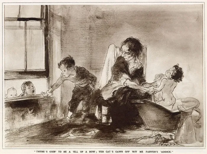 Framed Print : There's goin to be a ell of a row; yer cat's gawn off wiv me farver's addick. A child shouts this through a window at another family, threatening them. Date: 1933 Framed Print : There's goin to be a ell of a row; yer cat's gawn off wiv me farver's addick. A child shouts this through a window at another family, threatening them. Date: 1933