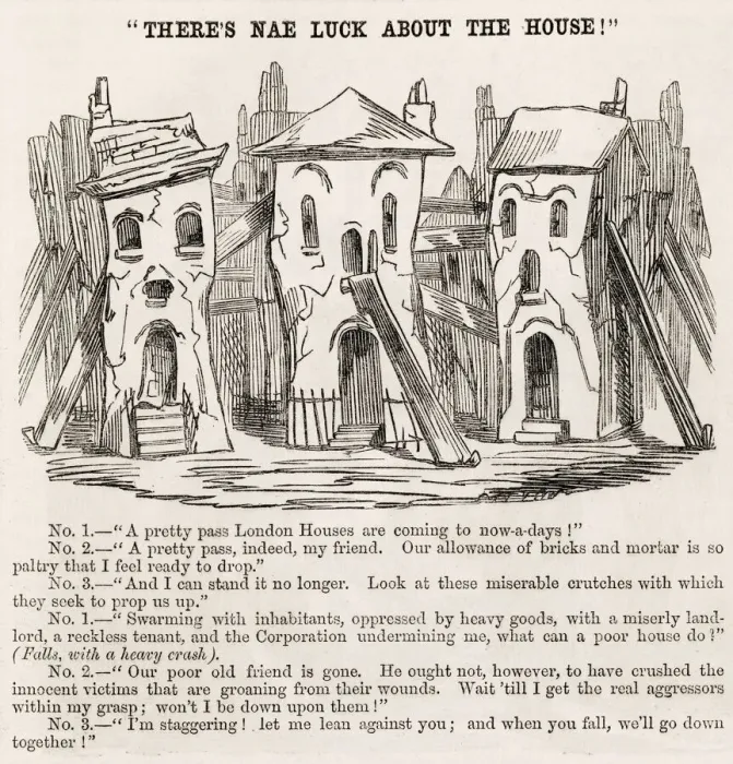 Framed Print : Theres nae luck about the house!'Cartoon and comment about house-building in London in Framed Print : Theres nae luck about the house!'Cartoon and comment about house-building in London in