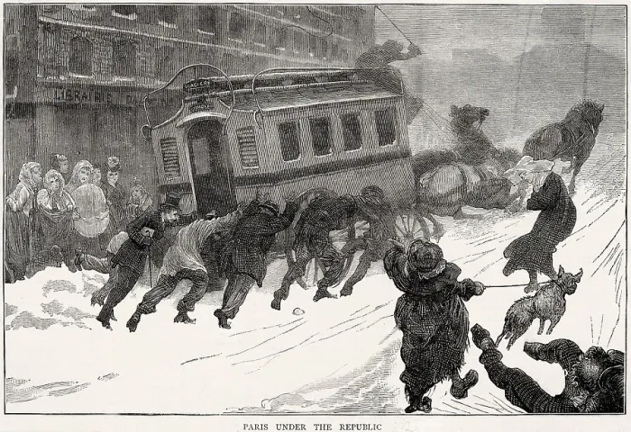 Framed Print : When thick snow clogs the streets of Paris, passengers have to get out of their bus and help the horses drag it up a slope. Date: 1872 Framed Print : When thick snow clogs the streets of Paris, passengers have to get out of their bus and help the horses drag it up a slope. Date: 1872