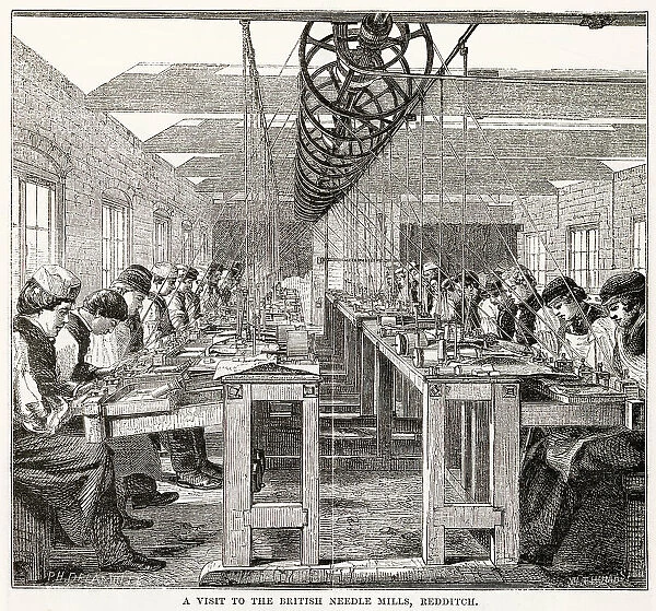 Thomas Samuel & Sons British needle Mills in Redditch, Worcestershire. Men making spring steel needles and fish hooks. Date: 1862