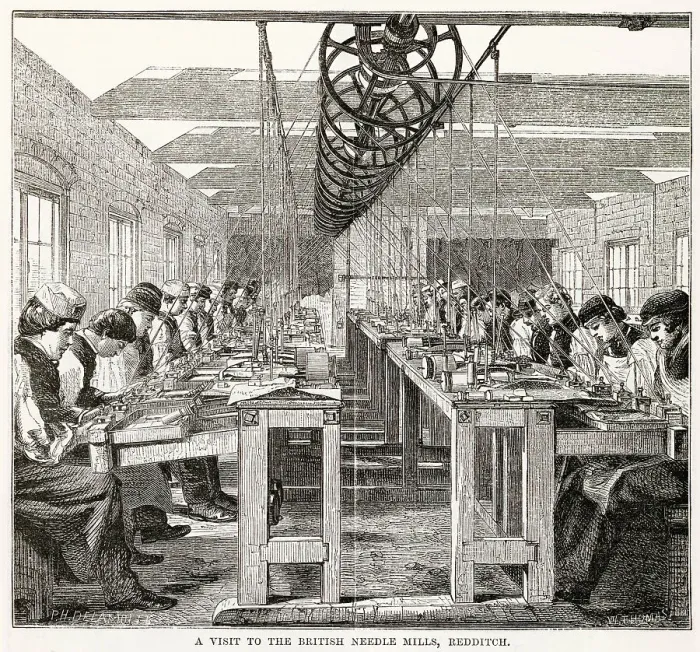Framed Print : Thomas Samuel & Sons British needle Mills in Redditch, Worcestershire. Men making spring steel needles and fish hooks. Date: 1862 Framed Print : Thomas Samuel & Sons British needle Mills in Redditch, Worcestershire. Men making spring steel needles and fish hooks. Date: 1862