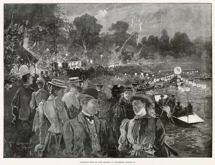 Framed Print : Many thousands gathered at the waterside at the River Thames in Richmond, with decorated illuminated floats, glowing fruits everywhere to be seen. Date: August 1892 Framed Print : Many thousands gathered at the waterside at the River Thames in Richmond, with decorated illuminated floats, glowing fruits everywhere to be seen. Date: August 1892